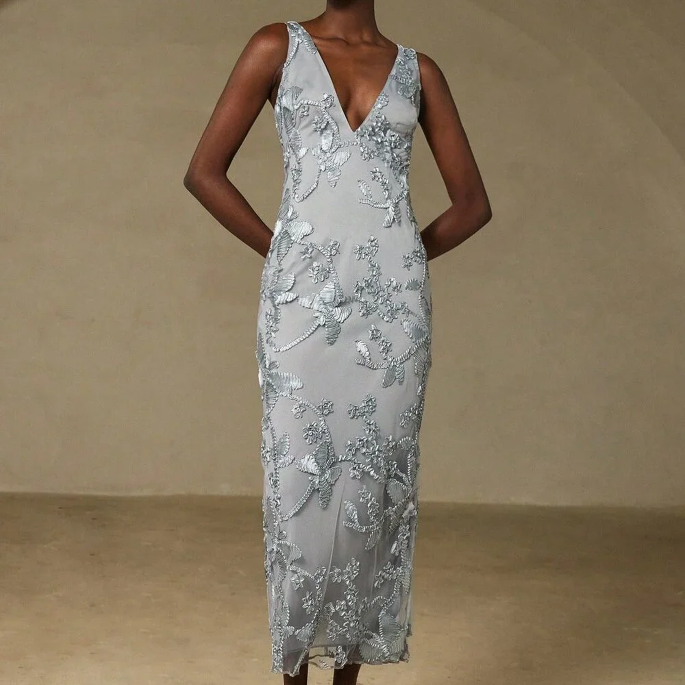 Dark Grey Elegant Women's Sophisticated 3D Floral Deep V-Neck Sleeveless Dress